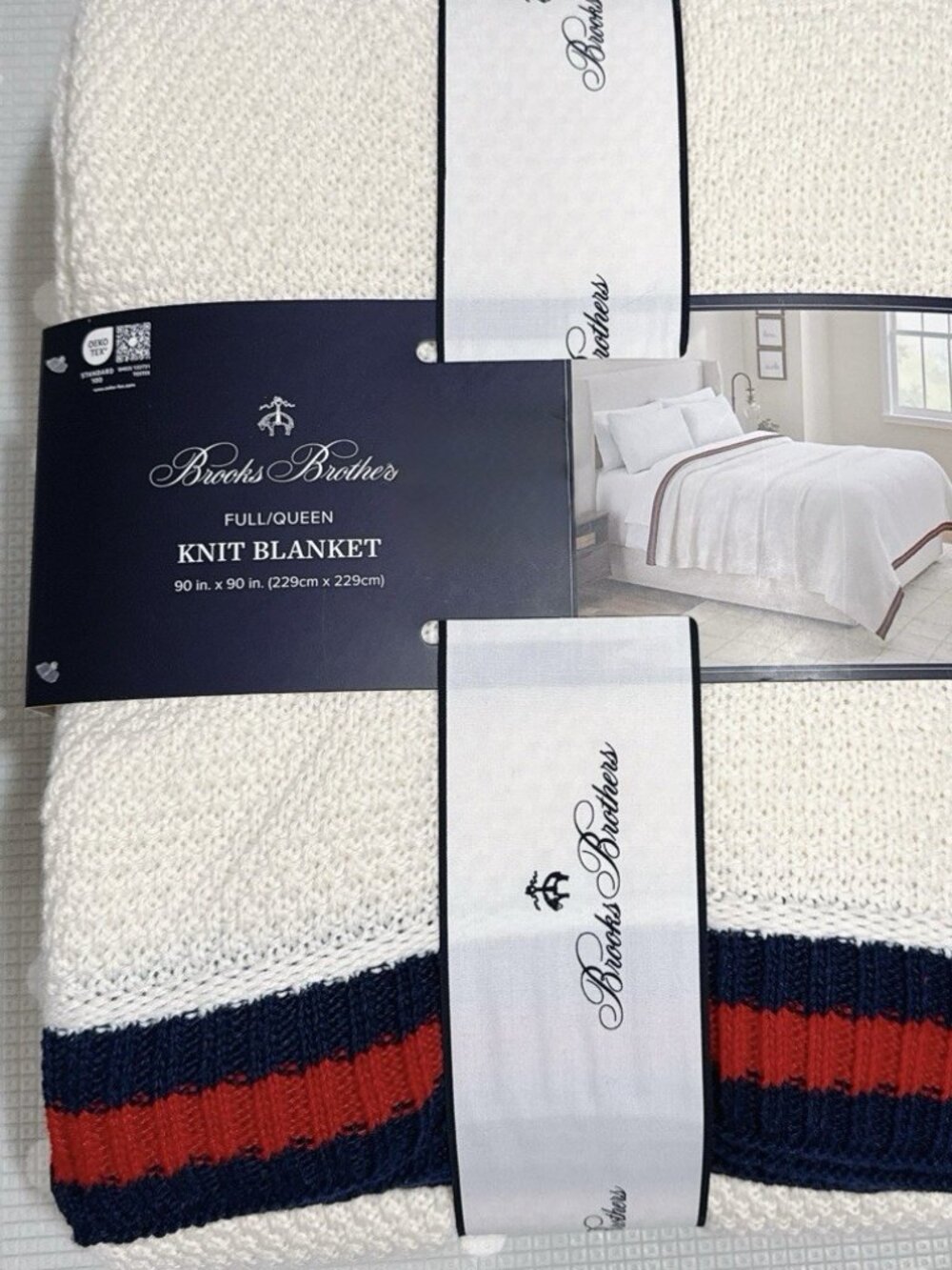 Brooks Brothers Knit Blanket   Ivory With Navy & Red Border Stripes FULL/QUEEN